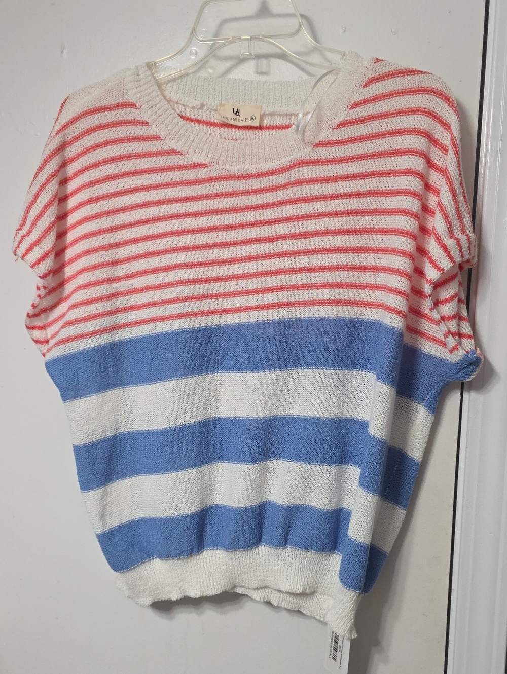 Striped Short Sleeve Crewneck Sweater - White, Red & Blue